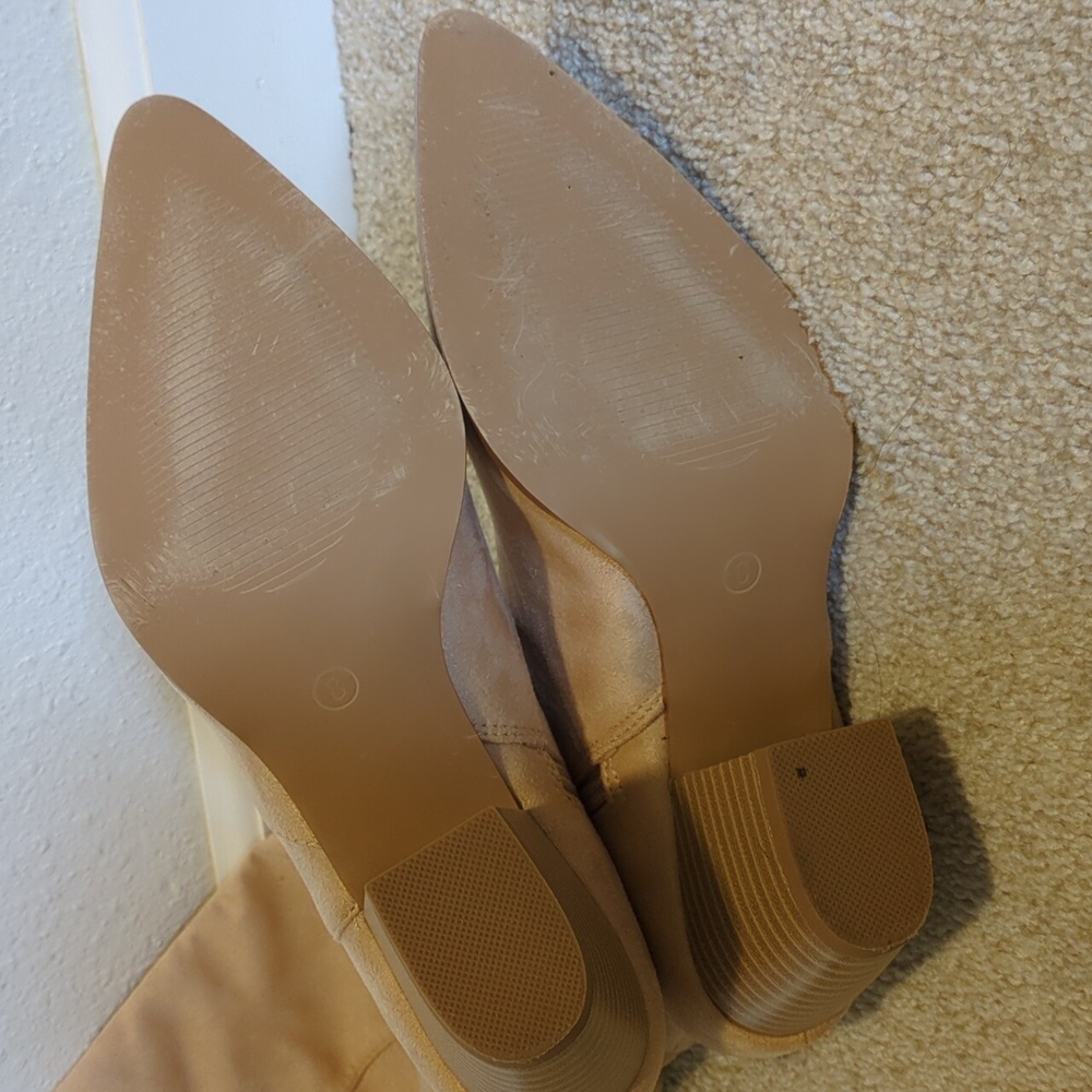 Coutgo Nude Faux Suede Knee High Boots Block Heel Pointed Toe - Picture 6 of 12